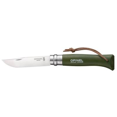 Нож Opinel №8, инокс, дръжка бук цвят каки с кожена връзка