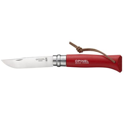 Нож Opinel №8 инокс, дръжка бук червена с кожена връзка